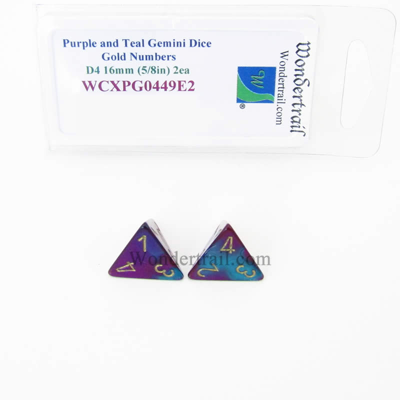 WCXPG0449E2 Purple Teal Gemini Dice Gold Numbers D4 16mm Pack of 2 (ONLINE ORDER ONLY)