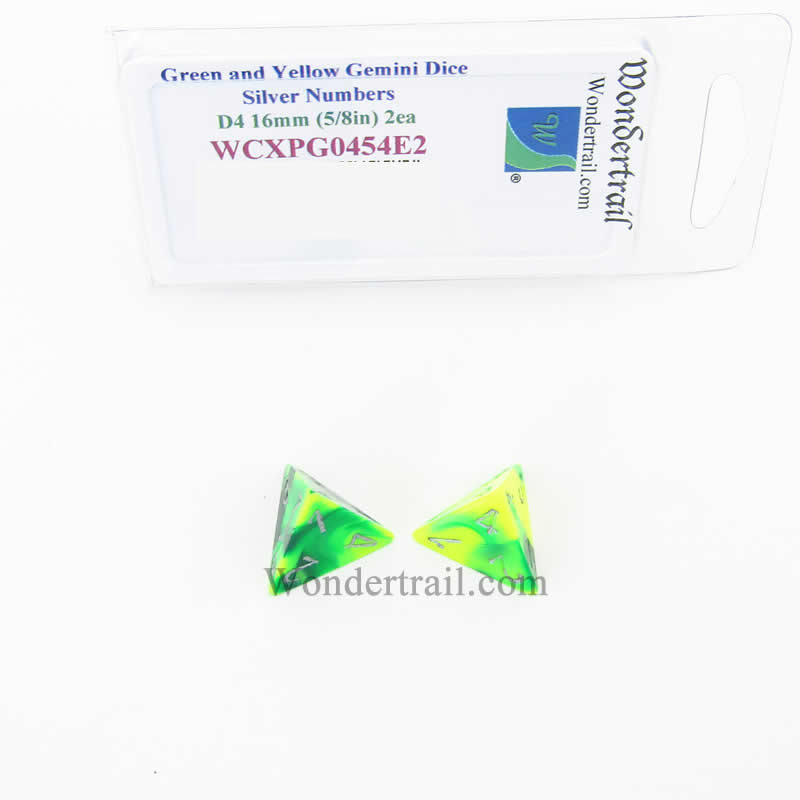 WCXPG0454E2 Green Yellow Gemini Dice Silver Numbers D4 16mm Pack of 2 (ONLINE ORDER ONLY)