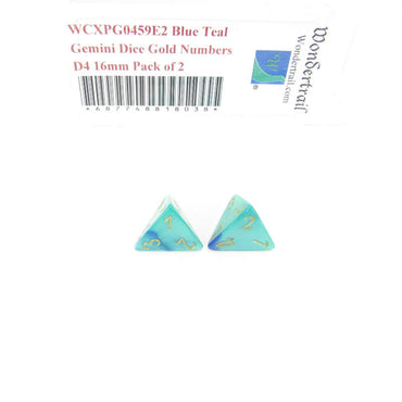 WCXPG0459E2 Blue Teal Gemini Dice Gold Numbers D4 16mm Pack of 2 (ONLINE ORDER ONLY)