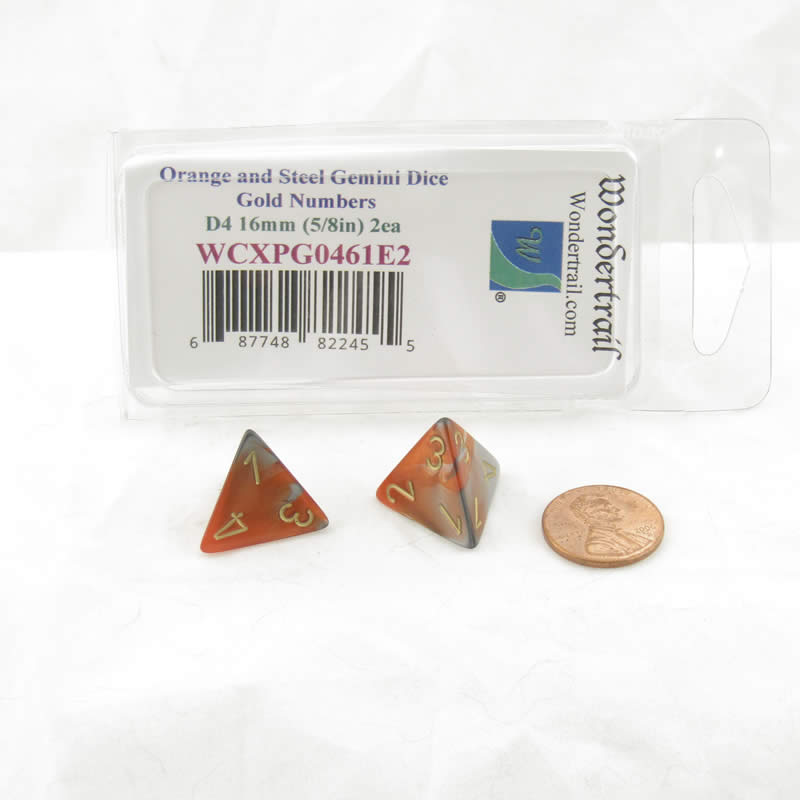 WCXPG0461E2 Orange Steel Gemini Dice Gold Numbers D4 16mm Pack of 2 (ONLINE ORDER ONLY)