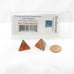 WCXPG0461E2 Orange Steel Gemini Dice Gold Numbers D4 16mm Pack of 2 (ONLINE ORDER ONLY)