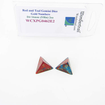 WCXPG0462E2 Red Teal Gemini Dice Gold Numbers D4 16mm Pack of 2 (ONLINE ORDER ONLY)
