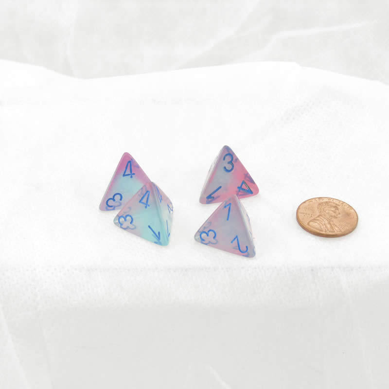 WCXPG0464E4 Gel Green and Pink Gemini Luminary Dice with Blue Numbers D4 16mm (5/8in) Pack of 4 (ONLINE ORDER ONLY)