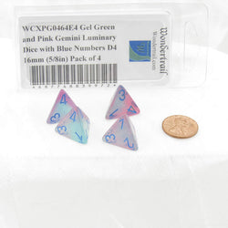 WCXPG0464E4 Gel Green and Pink Gemini Luminary Dice with Blue Numbers D4 16mm (5/8in) Pack of 4 (ONLINE ORDER ONLY)