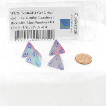 WCXPG0464E4 Gel Green and Pink Gemini Luminary Dice with Blue Numbers D4 16mm (5/8in) Pack of 4 (ONLINE ORDER ONLY)
