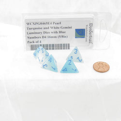 WCXPG0465E4 Pearl Turquoise and White Gemini Luminary Dice with Blue Numbers D4 16mm (5/8in) Pack of 4 (ONLINE ORDER ONLY)