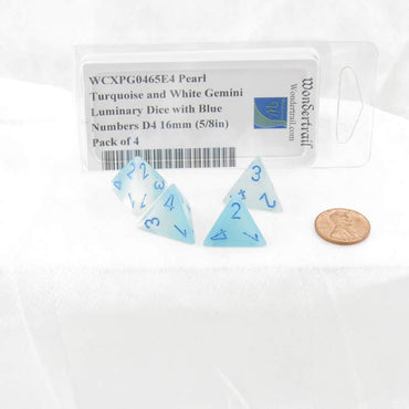WCXPG0465E4 Pearl Turquoise and White Gemini Luminary Dice with Blue Numbers D4 16mm (5/8in) Pack of 4 (ONLINE ORDER ONLY)