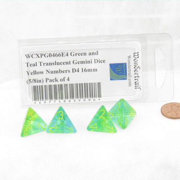WCXPG0466E4 Green and Teal Translucent Gemini Dice Yellow Numbers D4 16mm (5/8in) Pack of 4 (ONLINE ORDER ONLY)