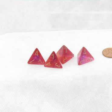 WCXPG0467E4 Red and Violet Translucent Gemini Dice Gold Numbers D4 16mm (5/8in) Pack of 4 (ONLINE ORDER ONLY)