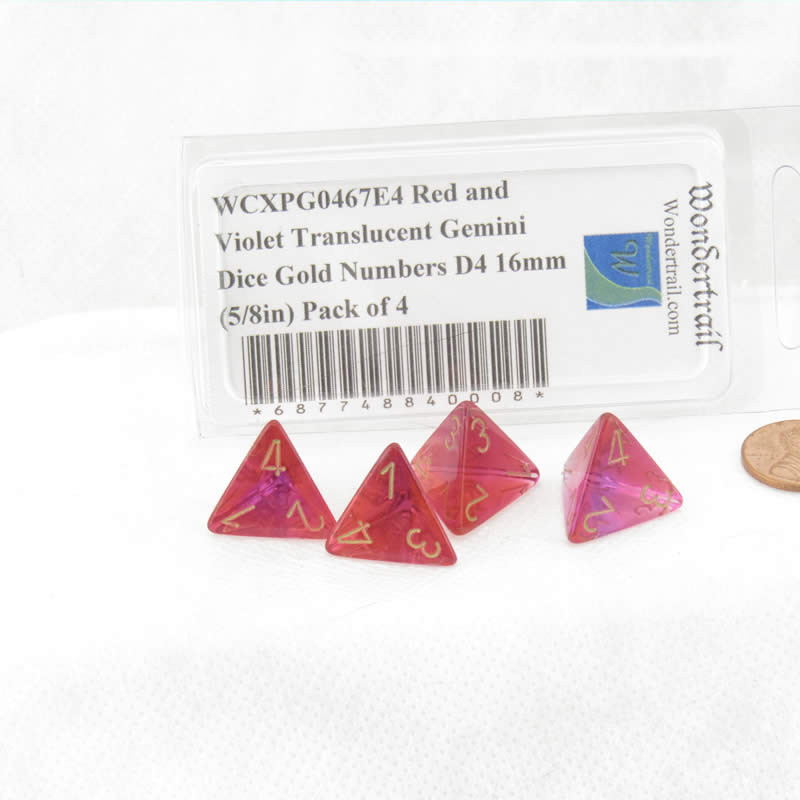 WCXPG0467E4 Red and Violet Translucent Gemini Dice Gold Numbers D4 16mm (5/8in) Pack of 4 (ONLINE ORDER ONLY)