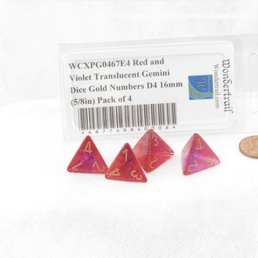 WCXPG0467E4 Red and Violet Translucent Gemini Dice Gold Numbers D4 16mm (5/8in) Pack of 4 (ONLINE ORDER ONLY)