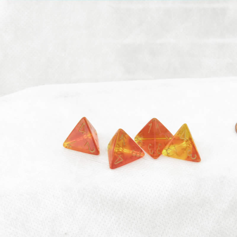 WCXPG0468E4 Red and Yellow Translucent Gemini Dice Gold Numbers D4 16mm (5/8in) Pack of 4 (ONLINE ORDER ONLY)