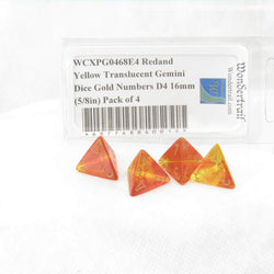 WCXPG0468E4 Red and Yellow Translucent Gemini Dice Gold Numbers D4 16mm (5/8in) Pack of 4 (ONLINE ORDER ONLY)