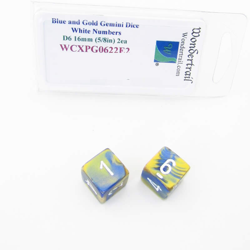 WCXPG0622E2 Blue Gold Gemini Dice White Numbers D6 16mm Pack of 2 (ONLINE ORDER ONLY)
