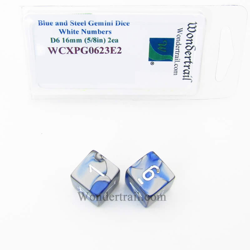 WCXPG0623E2 Blue Steel Gemini Dice White Numbers D6 16mm Pack of 2 (ONLINE ORDER ONLY)