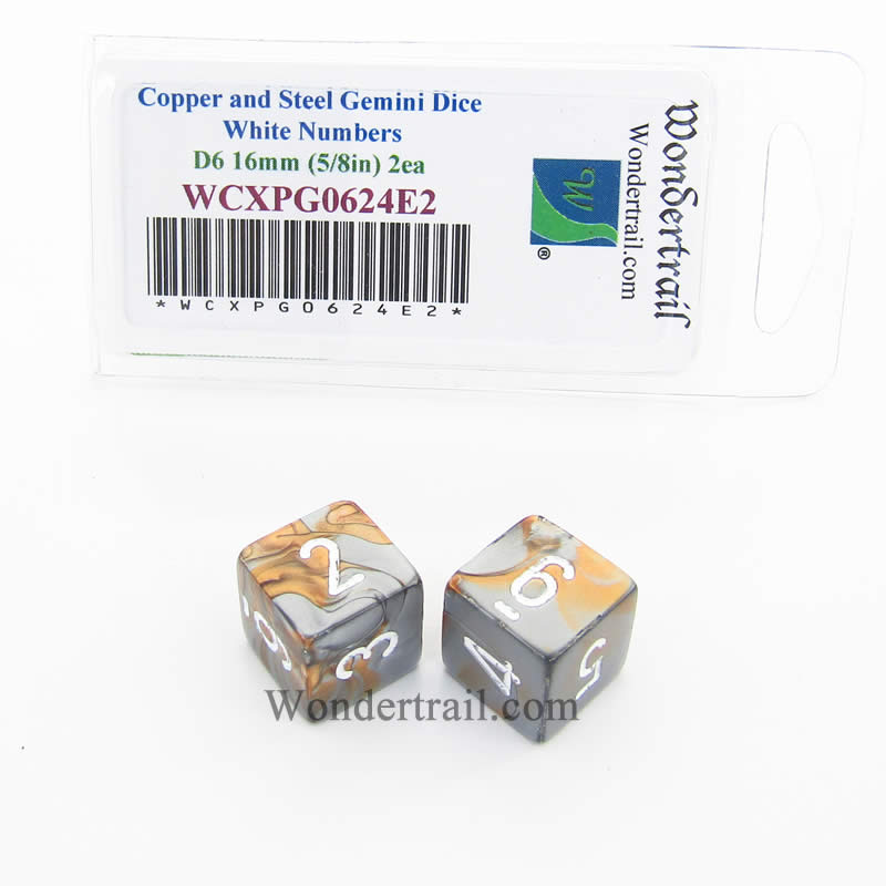 WCXPG0624E2 Copper Steel Gemini Dice White Numbers D6 16mm Pack of 2 (ONLINE ORDER ONLY)