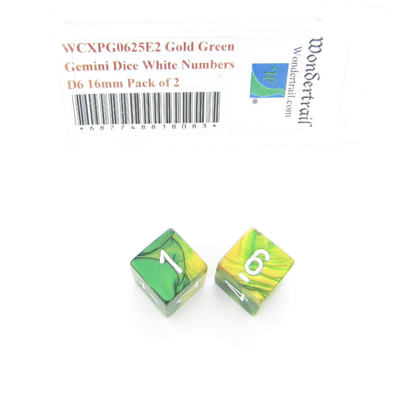 WCXPG0625E2 Gold Green Gemini Dice White Numbers D6 16mm Pack of 2 (ONLINE ORDER ONLY)