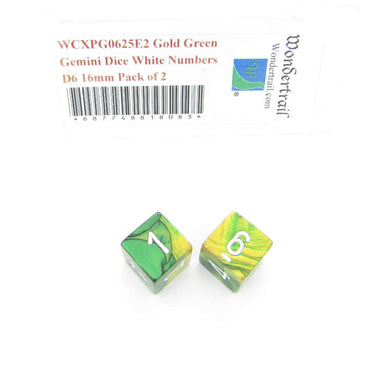 WCXPG0625E2 Gold Green Gemini Dice White Numbers D6 16mm Pack of 2 (ONLINE ORDER ONLY)