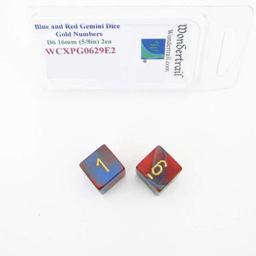 WCXPG0629E2 Blue Red Gemini Dice Gold Numbers D6 16mm Pack of 2 (ONLINE ORDER ONLY)