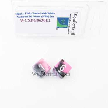 WCXPG0630E2 Black Pink Gemini Dice White Numbers D6 16mm Pack of 2 (ONLINE ORDER ONLY)