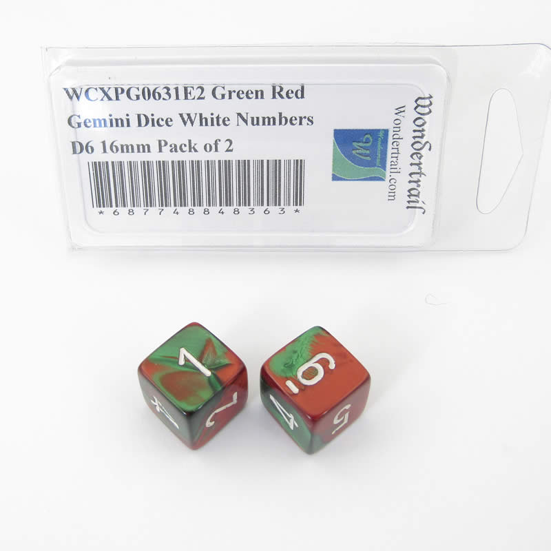 WCXPG0631E2 Green Red Gemini Dice White Numbers D6 16mm Pack of 2 (ONLINE ORDER ONLY)