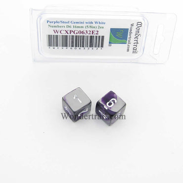 WCXPG0632E2 Purple Steel Gemini Dice White Numbers D6 16mm Pack of 2 (ONLINE ORDER ONLY)