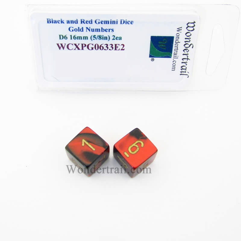 WCXPG0633E2 Black Red Gemini Dice Gold Numbers D6 16mm Pack of 2 (ONLINE ORDER ONLY)