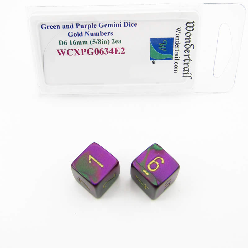 WCXPG0634E2 Green Purple Gemini Dice Gold Colored Numbers D6 16mm Pack of 2 (ONLINE ORDER ONLY)