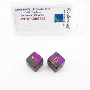 WCXPG0634E2 Green Purple Gemini Dice Gold Colored Numbers D6 16mm Pack of 2 (ONLINE ORDER ONLY)