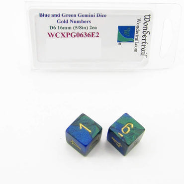 WCXPG0636E2 Blue Green Gemini Dice Gold Colored Numbers D6 16mm Pack of 2 (ONLINE ORDER ONLY)