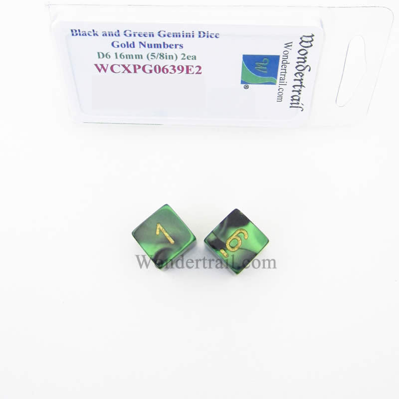 WCXPG0639E2 Black Green Gemini Dice Gold Numbers D6 16mm Pack of 2 (ONLINE ORDER ONLY)