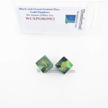 WCXPG0639E2 Black Green Gemini Dice Gold Numbers D6 16mm Pack of 2 (ONLINE ORDER ONLY)