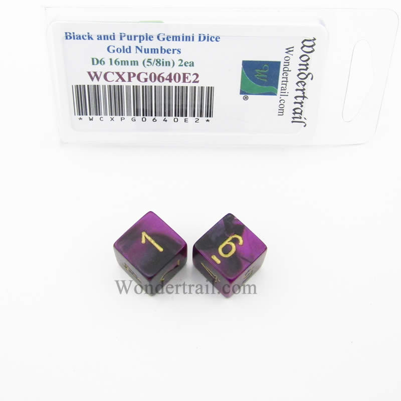 WCXPG0640E2 Black Purple Gemini Dice Gold Numbers D6 16mm Pack of 2 (ONLINE ORDER ONLY)