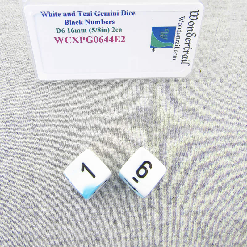 WCXPG0644E2 White Teal Gemini Dice Black Numbers D6 16mm Pack of 2 (ONLINE ORDER ONLY)
