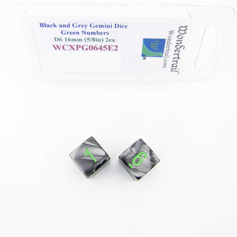 WCXPG0645E2 Black Grey Gemini Dice Green Numbers D6 16mm Pack of 2 (ONLINE ORDER ONLY)