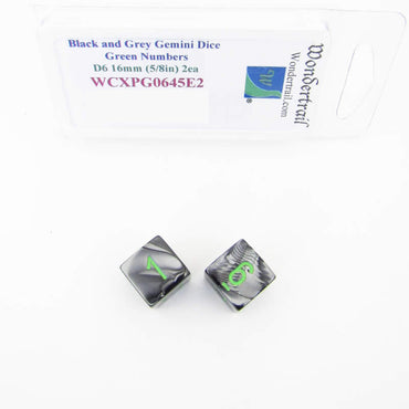 WCXPG0645E2 Black Grey Gemini Dice Green Numbers D6 16mm Pack of 2 (ONLINE ORDER ONLY)