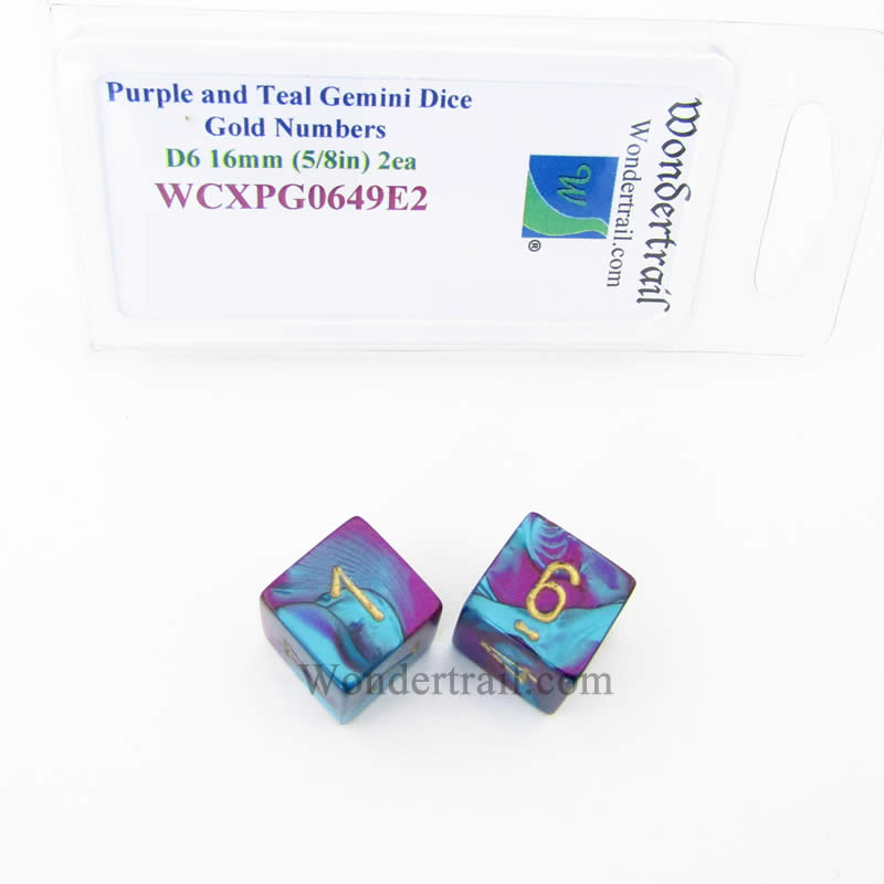 WCXPG0649E2 Purple Teal Gemini Dice Gold Numbers D6 16mm Pack of 2 (ONLINE ORDER ONLY)