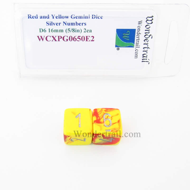 WCXPG0650E2 Red Yellow Gemini Dice Silver Numbers D6 16mm Pack of 2 (ONLINE ORDER ONLY)