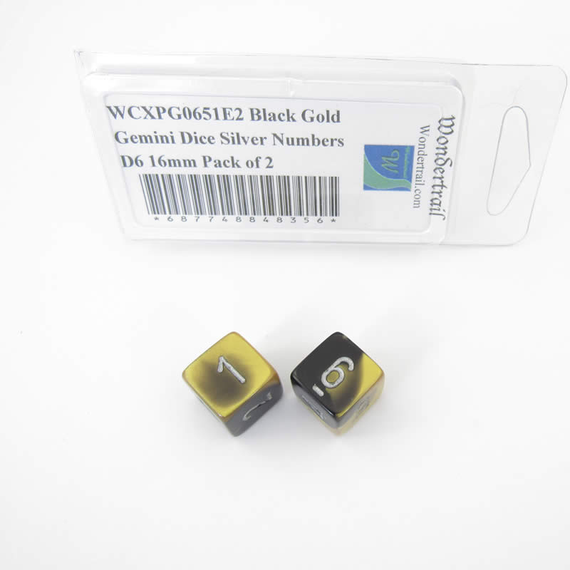 WCXPG0651E2 Black Gold Gemini Dice Silver Numbers D6 16mm Pack of 2 (ONLINE ORDER ONLY)