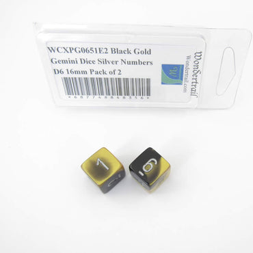 WCXPG0651E2 Black Gold Gemini Dice Silver Numbers D6 16mm Pack of 2 (ONLINE ORDER ONLY)