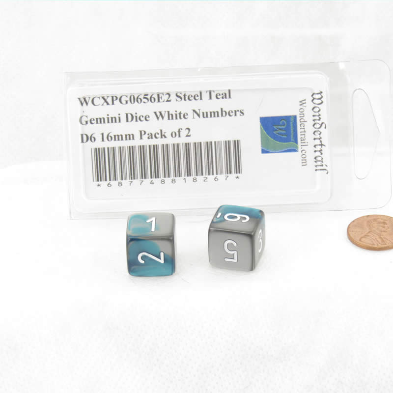 WCXPG0656E2 Steel Teal Gemini Dice White Numbers D6 16mm Pack of 2 (ONLINE ORDER ONLY)