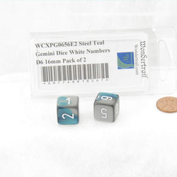 WCXPG0656E2 Steel Teal Gemini Dice White Numbers D6 16mm Pack of 2 (ONLINE ORDER ONLY)