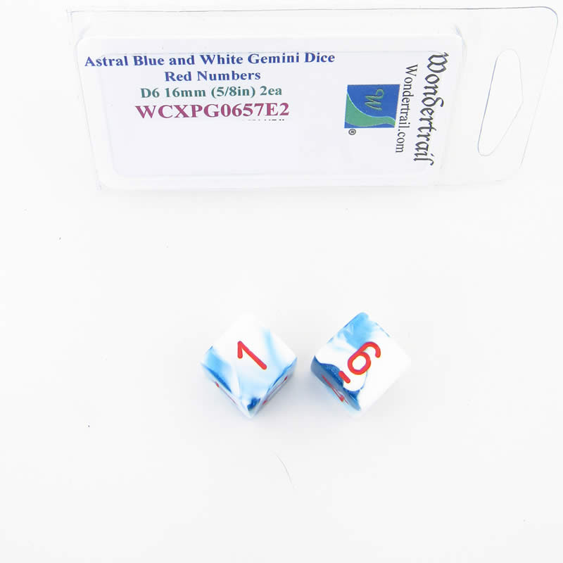 WCXPG0657E2 Astral Blue White Gemini Dice Red Numbers D6 16mm Pack of 2 (ONLINE ORDER ONLY)