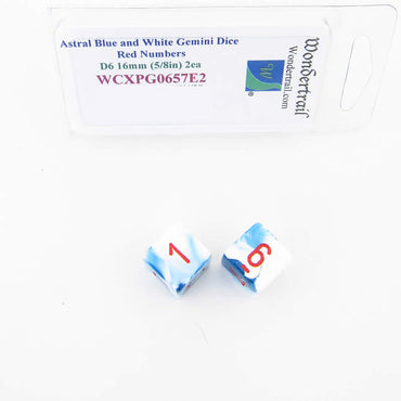 WCXPG0657E2 Astral Blue White Gemini Dice Red Numbers D6 16mm Pack of 2 (ONLINE ORDER ONLY)