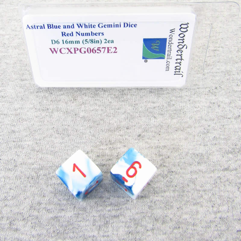 WCXPG0657E2 Astral Blue White Gemini Dice Red Numbers D6 16mm Pack of 2 (ONLINE ORDER ONLY)