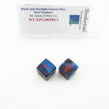 WCXPG0658E2 Black Starlight Gemini Dice Red Numbers D6 16mm Pack of 2 (ONLINE ORDER ONLY)