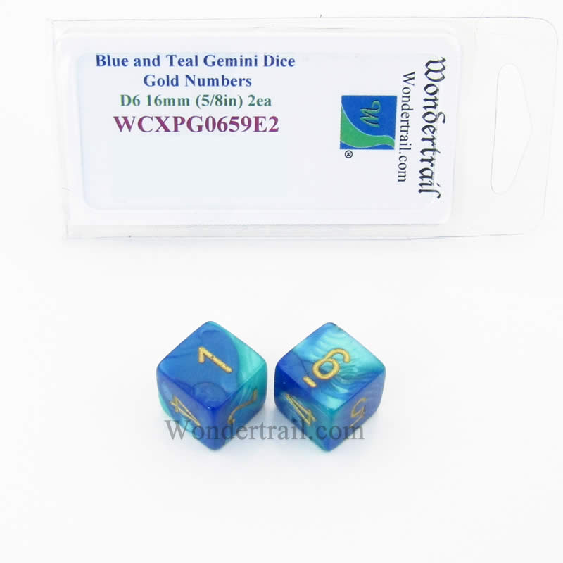 WCXPG0659E2 Blue Teal Gemini Dice Gold Numbers D6 16mm Pack of 2 (ONLINE ORDER ONLY)