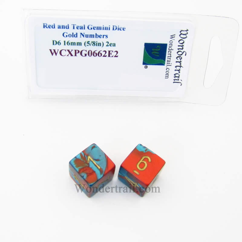 WCXPG0662E2 Red Teal Gemini Dice Gold Numbers D6 16mm Pack of 2 (ONLINE ORDER ONLY)
