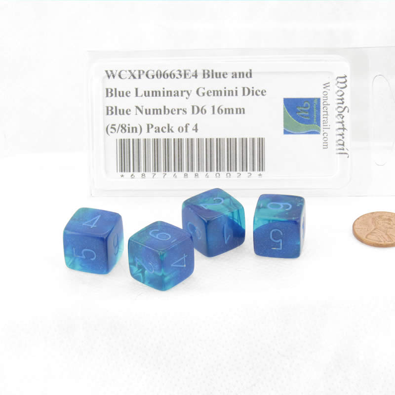 WCXPG0663E4 Blue and Blue Luminary Gemini Dice Blue Numbers D6 16mm (5/8in) Pack of 4 (ONLINE ORDER ONLY)