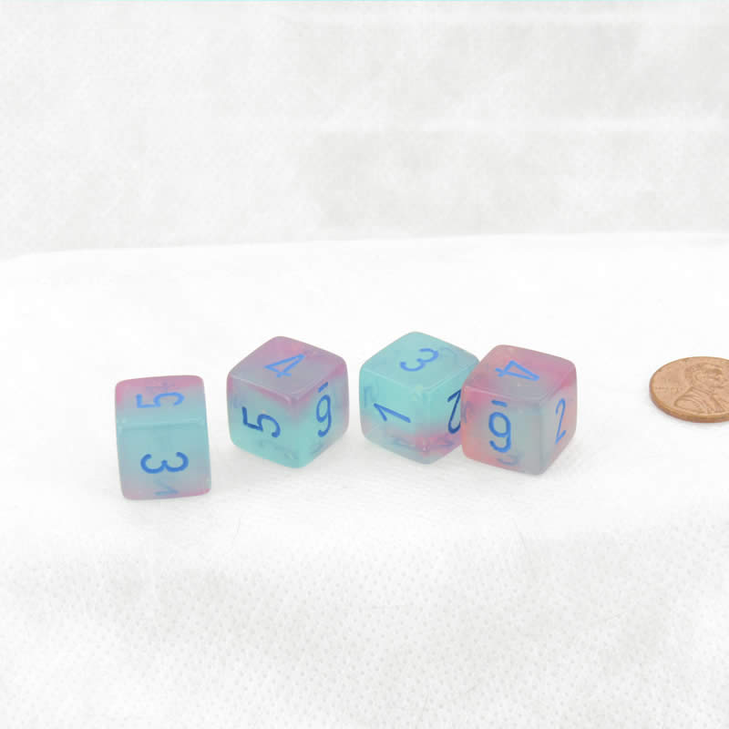 WCXPG0664E4 Gel Green and Pink Luminary Gemini Dice with Blue Numbers D6 16mm (5/8in) Pack of 4 (ONLINE ORDER ONLY)
